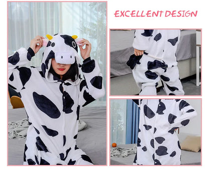 Adults Cow Cartoon Pajama Onesies Jumpsuit Hooded