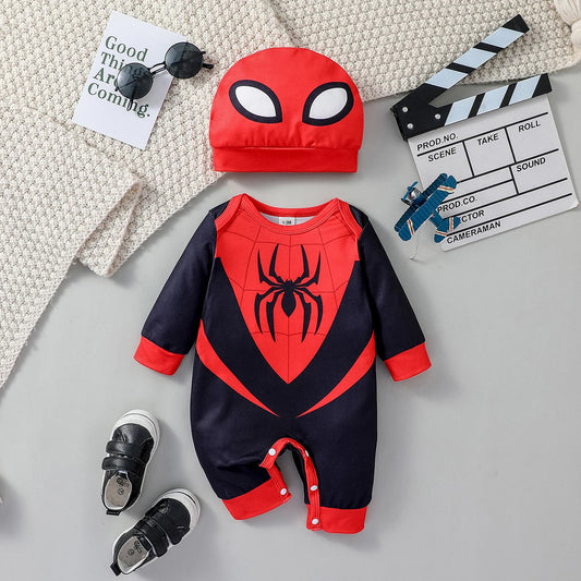 2PCS New Style Boys Cartoon Spider Long Sleeve Cool Fashion Jumpsuit All Seasons +Hat