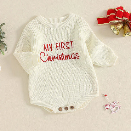 Baby My First Christmas Sweater Romper Embroidery Long Sleeve Crew Neck