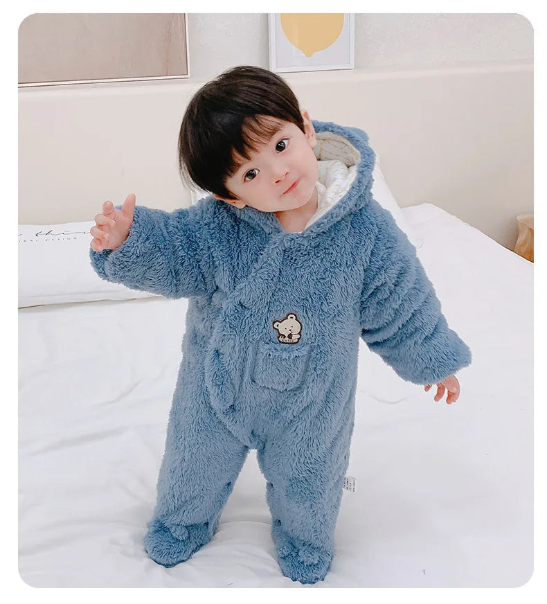 Cute Plush Bear Romper Overall Jumpsuit Spring Autumn Hooded Rompers 0 3 6 9 12 Months Newborn Clothes