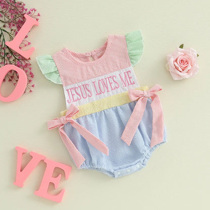 Baby Girl "Jesus Loves Me" Romper Ruffle Sleeveless Newborn Outfit