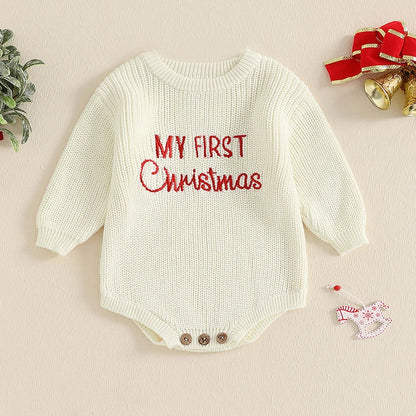 Baby My First Christmas Sweater Romper Embroidery Long Sleeve Crew Neck