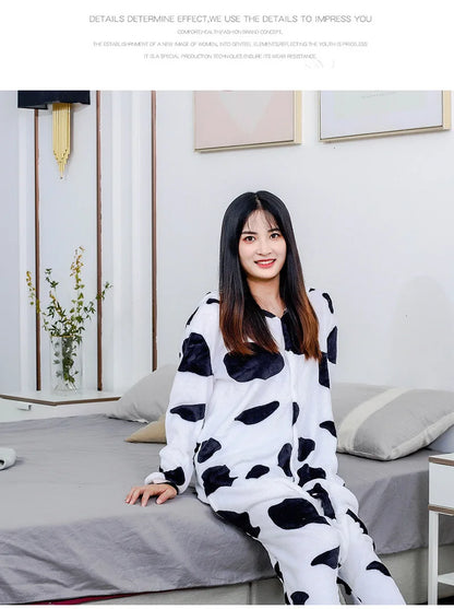 Adults Cow Cartoon Pajama Onesies Jumpsuit Hooded
