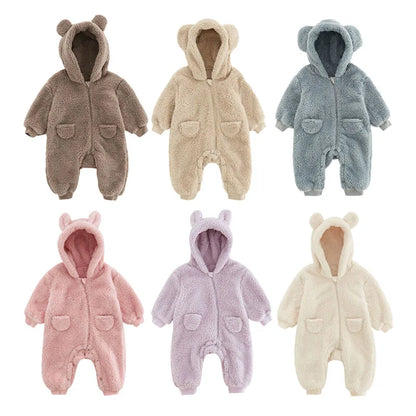 Fuzzy Bear Baby Rompers Warm Fleece Outwear Jumpsuits