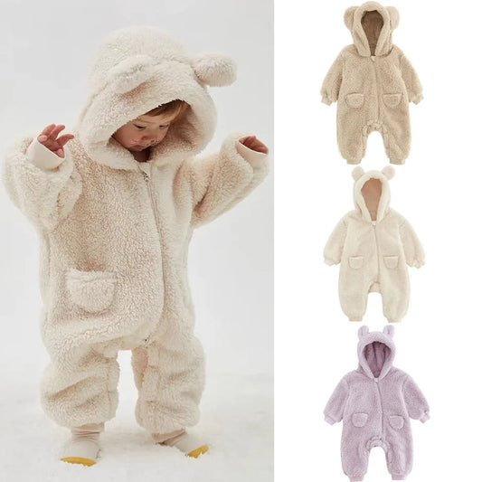 Fuzzy Bear Baby Rompers Warm Fleece Outwear Jumpsuits