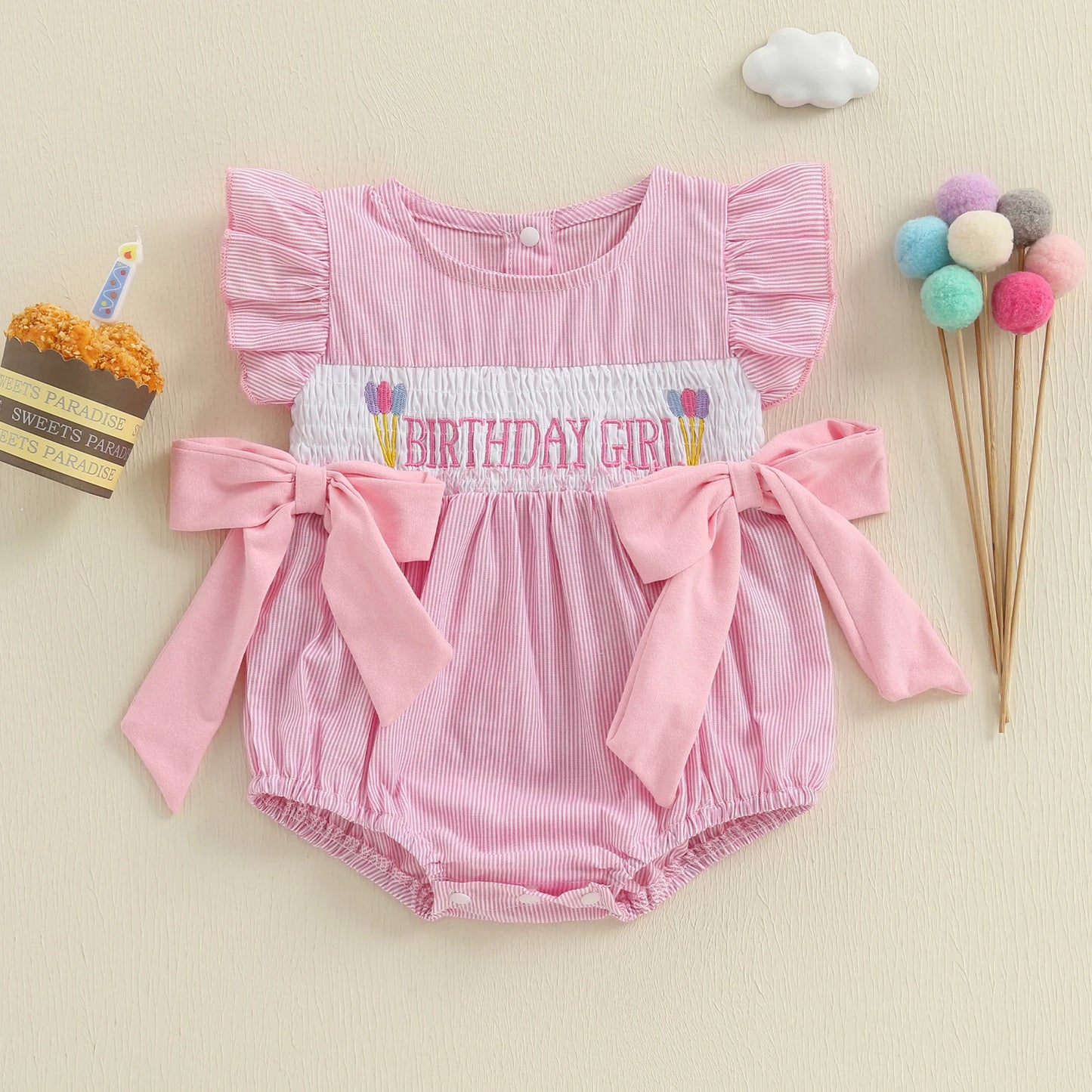 PROSPERBABY Girl Letter Embroidery Romper Sweet Fly Sleeve Birthday Bodysuits Children Cotton Lovely Jumpsuits Clothes