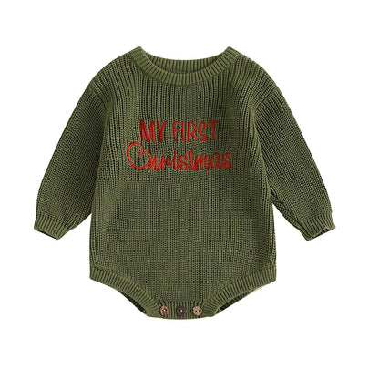Baby My First Christmas Sweater Romper Embroidery Long Sleeve Crew Neck