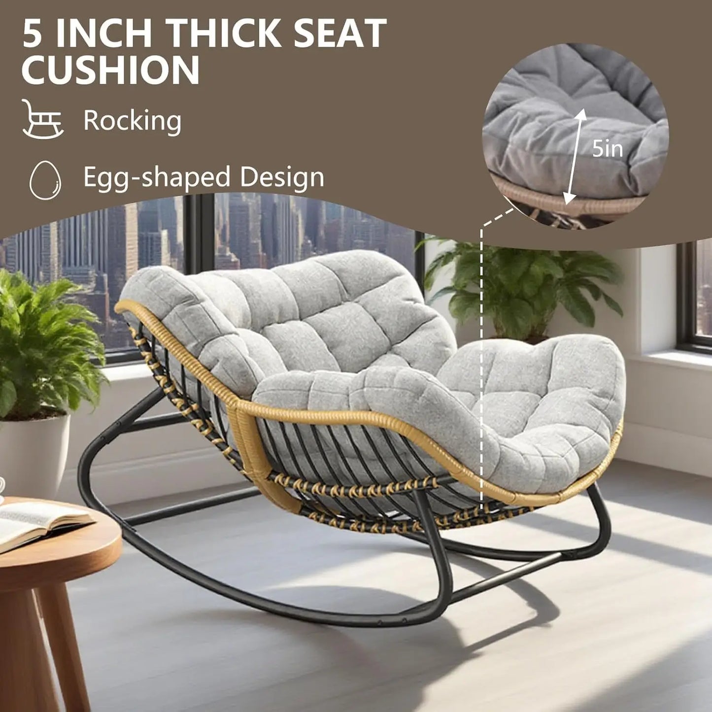 Grey Oversized Papasan Rocking Chair Thick Cushion Rattan Wicker Egg Chair for Indoor Outdoor Patio Bedroom Living Room