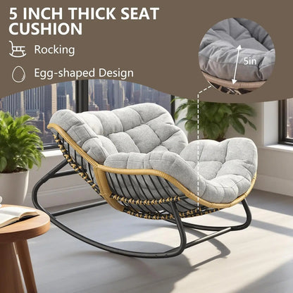 Grey Oversized Papasan Rocking Chair Thick Cushion Rattan Wicker Egg Chair for Indoor Outdoor Patio Bedroom Living Room