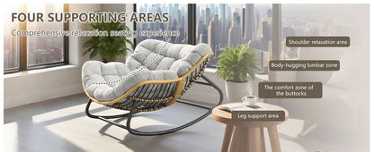 Grey Oversized Papasan Rocking Chair Thick Cushion Rattan Wicker Egg Chair for Indoor Outdoor Patio Bedroom Living Room