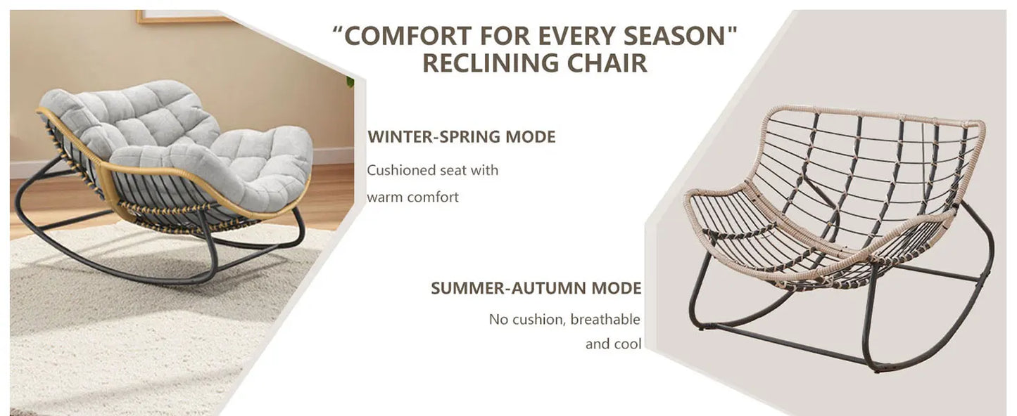 Grey Oversized Papasan Rocking Chair Thick Cushion Rattan Wicker Egg Chair for Indoor Outdoor Patio Bedroom Living Room