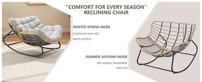 Grey Oversized Papasan Rocking Chair Thick Cushion Rattan Wicker Egg Chair for Indoor Outdoor Patio Bedroom Living Room