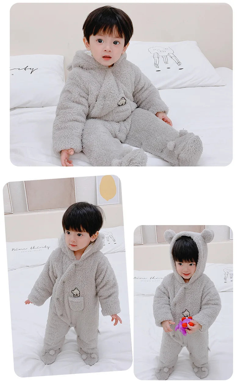Cute Plush Bear Romper Overall Jumpsuit Spring Autumn Hooded Rompers 0 3 6 9 12 Months Newborn Clothes