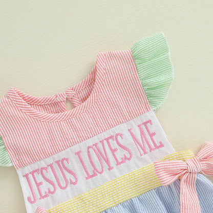 Baby Girl "Jesus Loves Me" Romper Ruffle Sleeveless Newborn Outfit