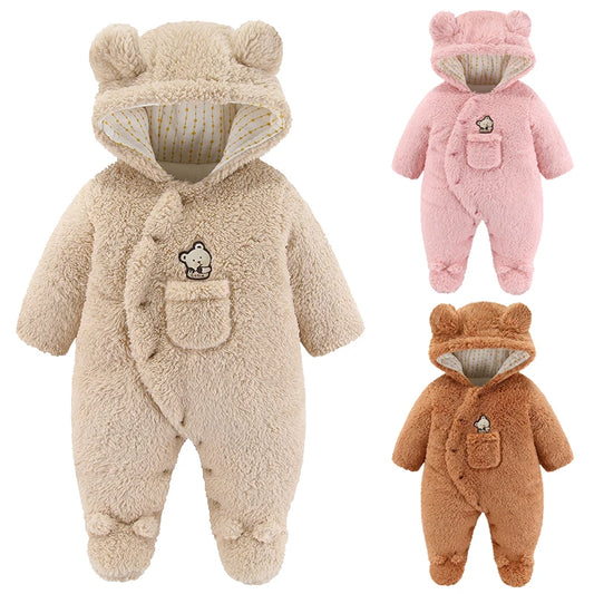 Cute Plush Bear Romper Overall Jumpsuit Spring Autumn Hooded Rompers 0 3 6 9 12 Months Newborn Clothes