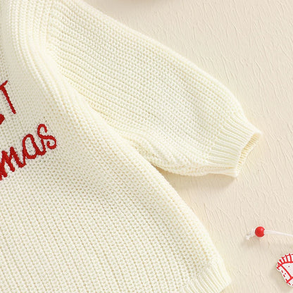 Baby My First Christmas Sweater Romper Embroidery Long Sleeve Crew Neck