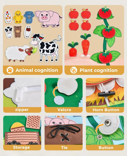 Quiet Busy Book - Farm Animal Activity Toy with Storytelling for Toddlers, Early Learning Fine Motor Skills