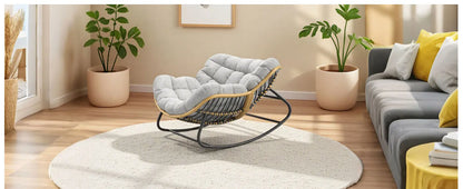 Grey Oversized Papasan Rocking Chair Thick Cushion Rattan Wicker Egg Chair for Indoor Outdoor Patio Bedroom Living Room