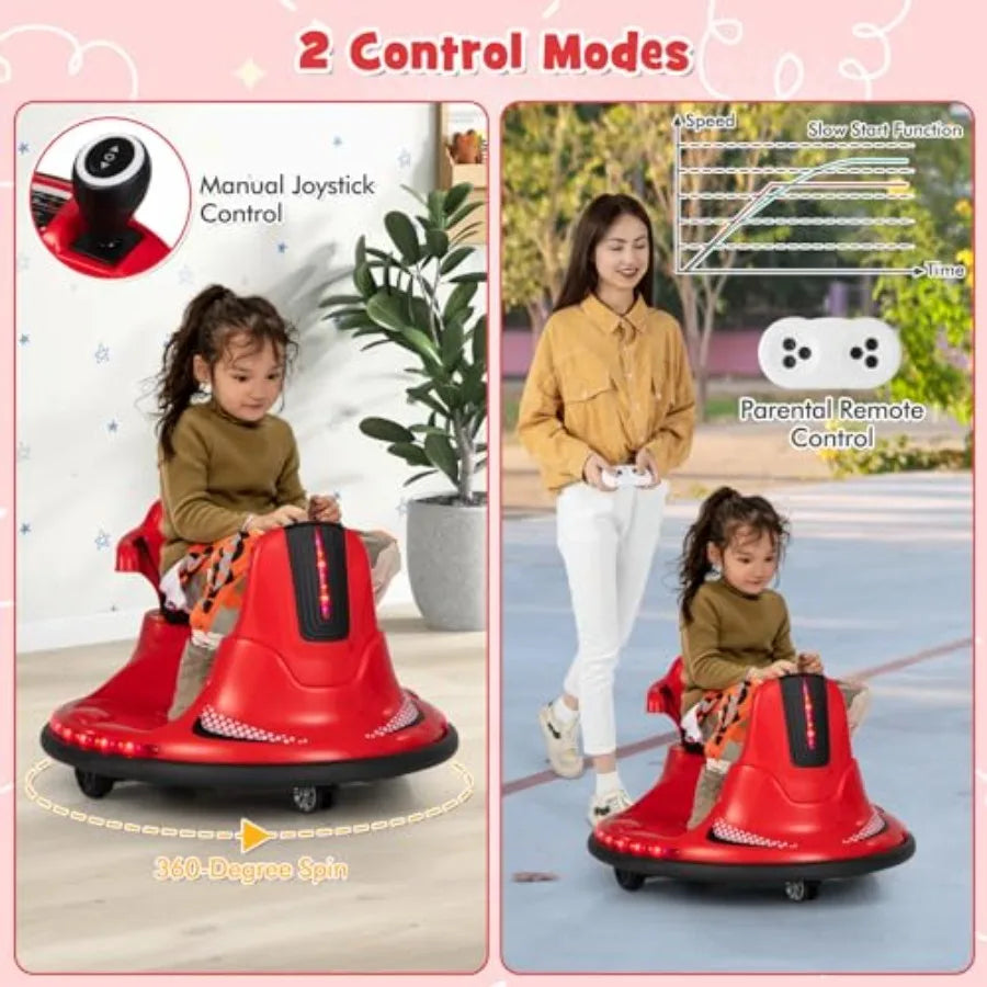 12V Ride On Bumper Car Electric Bumper Car w/Dual Joysticks Remote Control 360° Spin Slow Start Function LED Lights