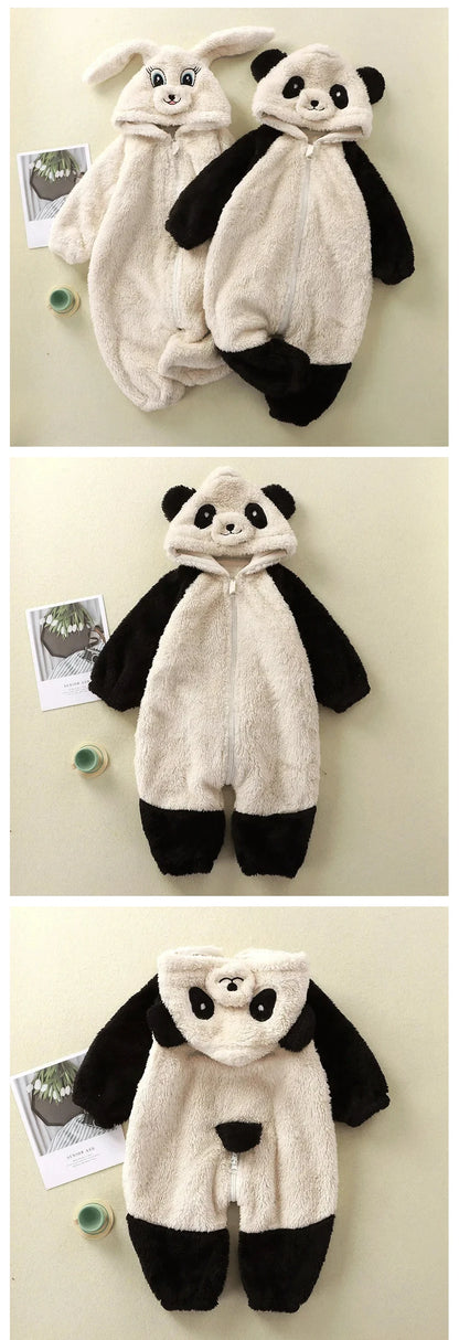 Romper Fleece Cartoon Panda Bunny Hooded Jumpsuit for Boy Girl Clothes Soft Loungewear Thicken Onesie