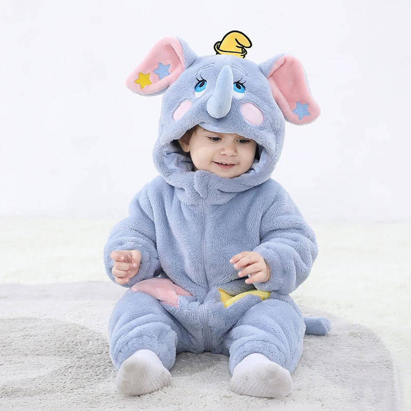 Lovely Elephant Newborn Baby Clothes Bodysuit Winter Flannel Romper Warm Cosplay Costume Hooded