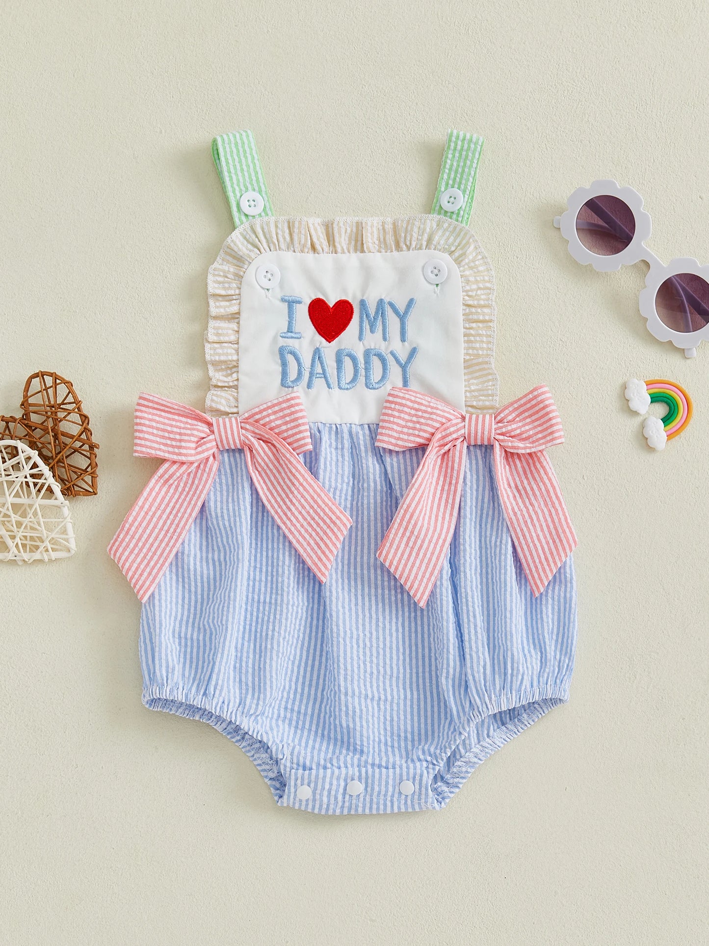 Romper Sleeveless Square Neck Bow Front Stripes Print Bodysuit Newborn Playsuit